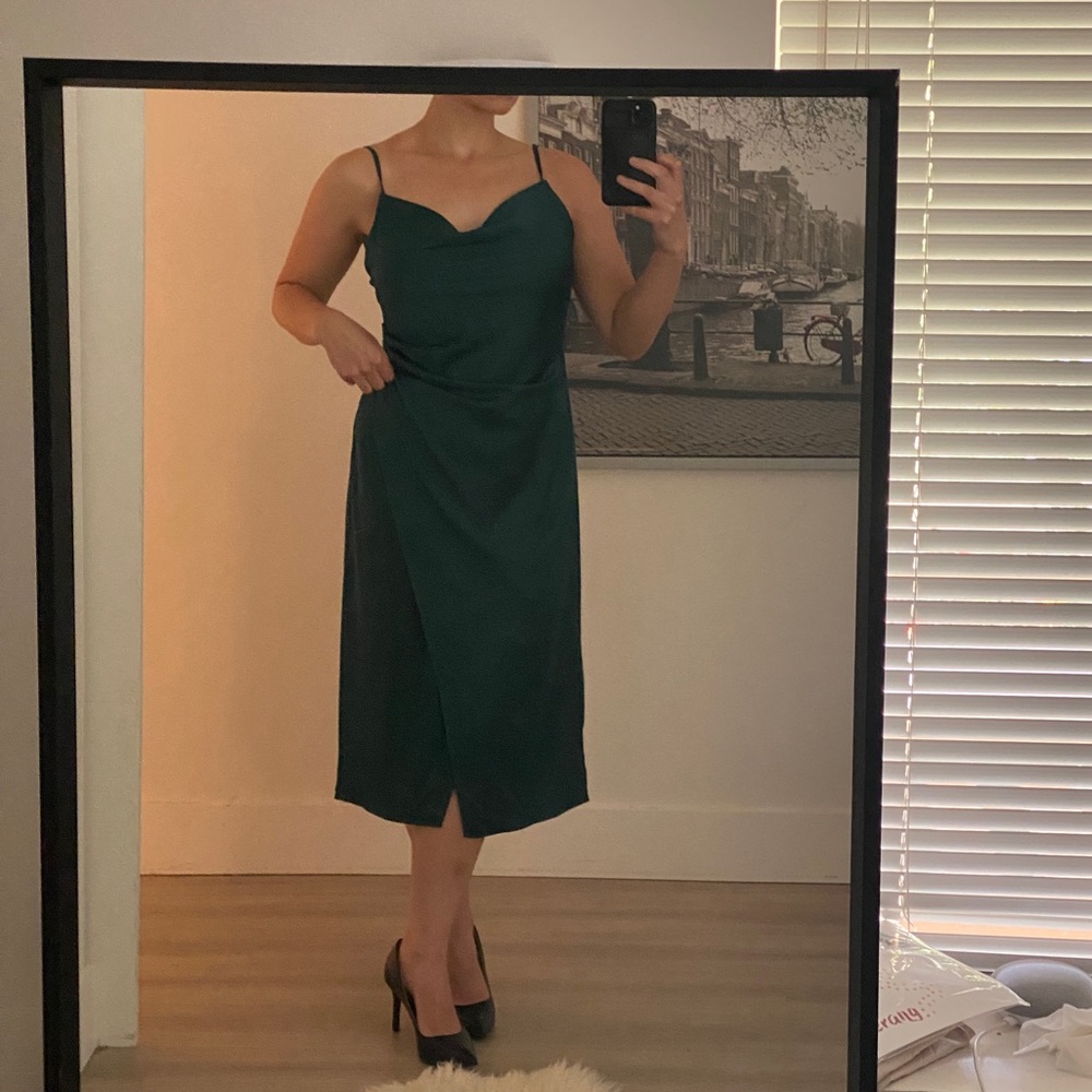 Emerald green satin midi dress, cami straps, cowl neck